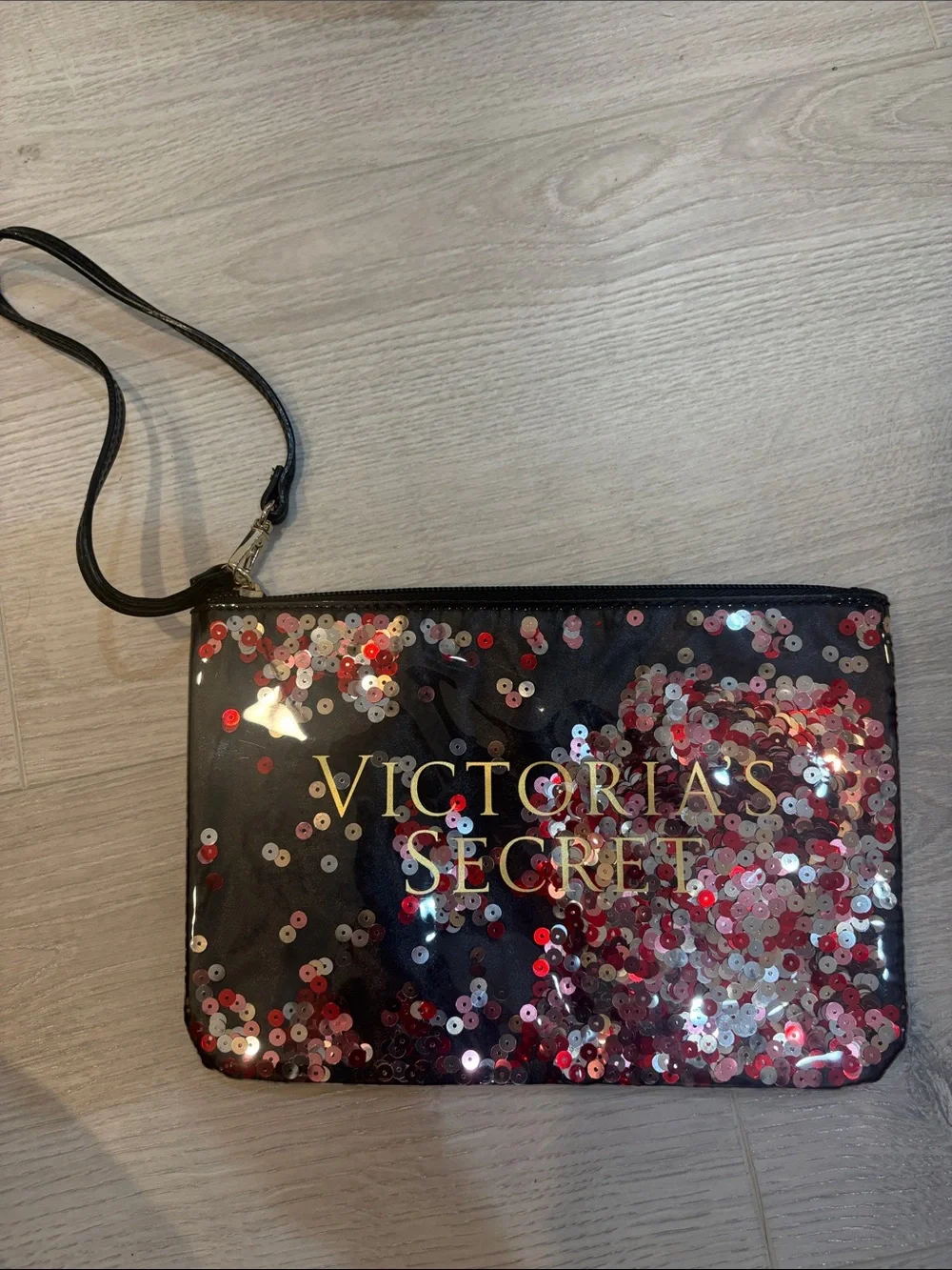 Victoria's Secret Black Cosmetic Pouch with Pink & Red Sequins